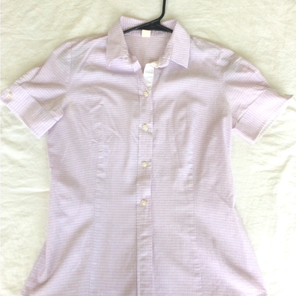 PRICE DROP! Hugo Boss Violet Lavender Gingham Short Sleeve Button-Up Blouse